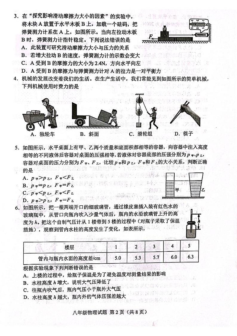 山东省日照市五莲县2022-2023学年八年级下学期6月期末物理试题第2页