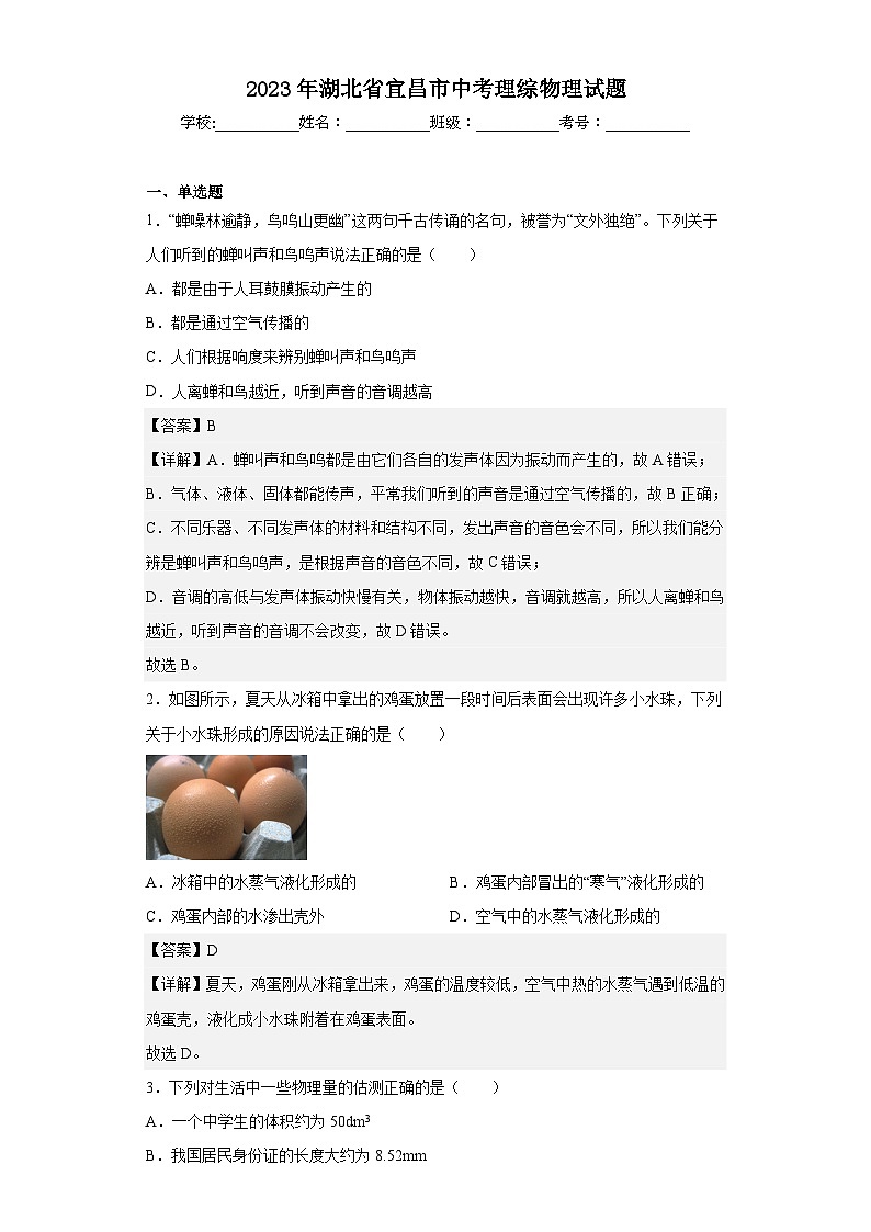 2023年湖北省宜昌市中考理综物理试题（原卷+解析）01