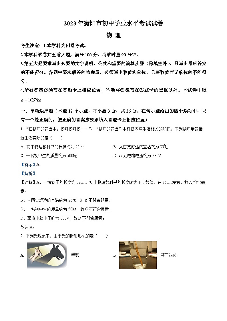 2023年湖南省衡阳市中考物理试题（解析版）01