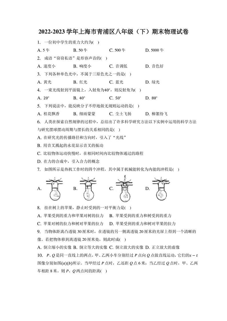 上海市青浦区2022-2023学年八年级下学期期末物理试卷（含答案）第1页