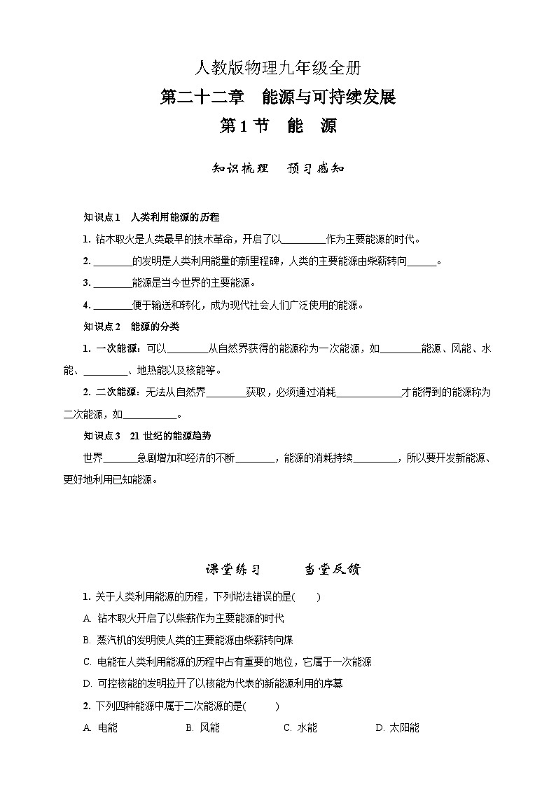 2023学年人教版物理九年级22.1　能源 试卷01