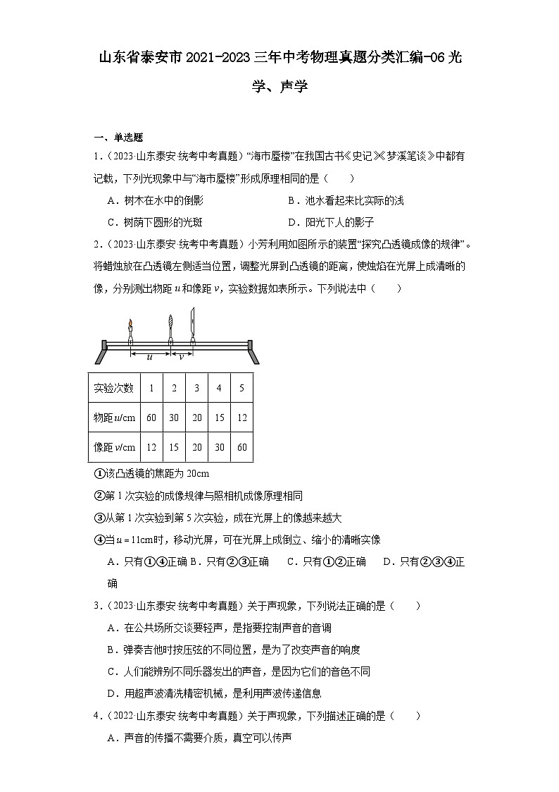 山东省泰安市2021-2023三年中考物理真题分类汇编-06光学、声学01