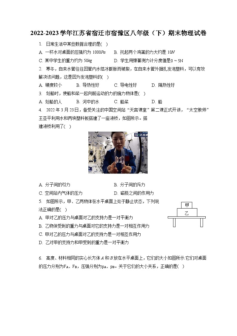 江苏省宿迁市宿豫区2022-2023学年八年级下学期期末物理试卷01