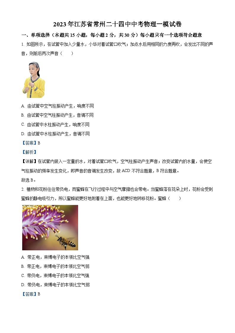 精品解析：2023年江苏省常州二十四中中考物理一模试题（解析版）第1页