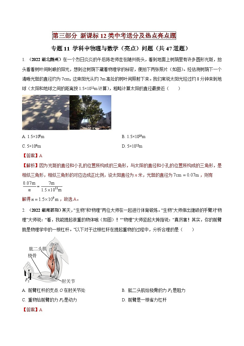 中考物理二轮复习中考送分及重难点专题11 跨学科中物理与数学等（亮点）问题（含解析）01
