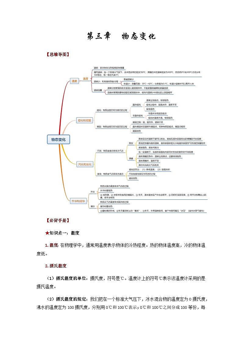 第三章  物态变化-备战2024年年中考物理必背知识手册（思维导图+背诵手册）01