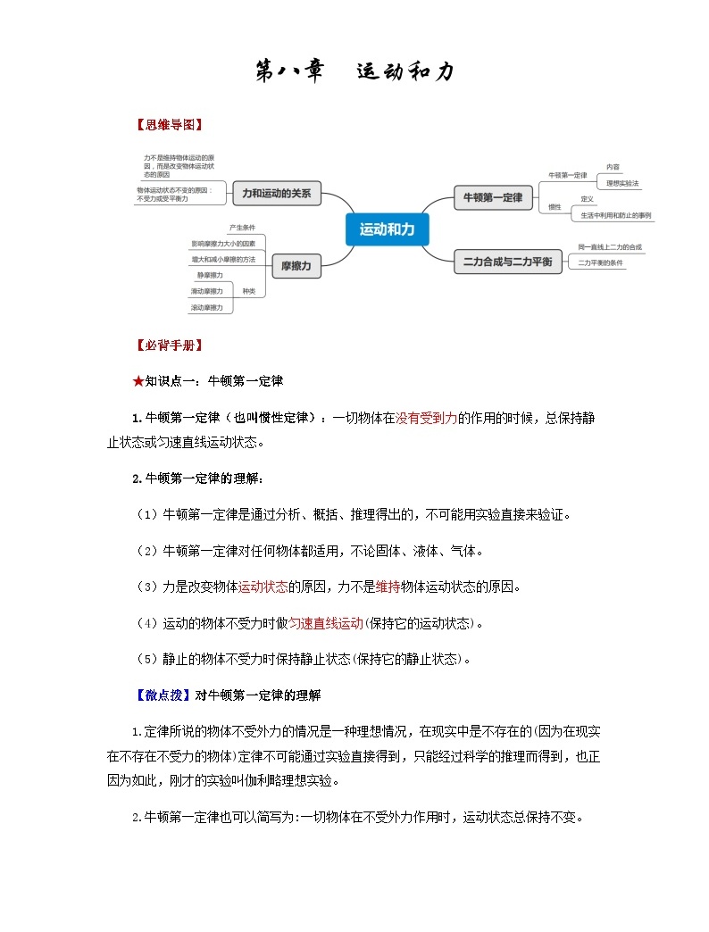 第八章 运动和力-备战2024年年中考物理必背知识手册(思维导图+背诵手册)-教习网|试卷下载