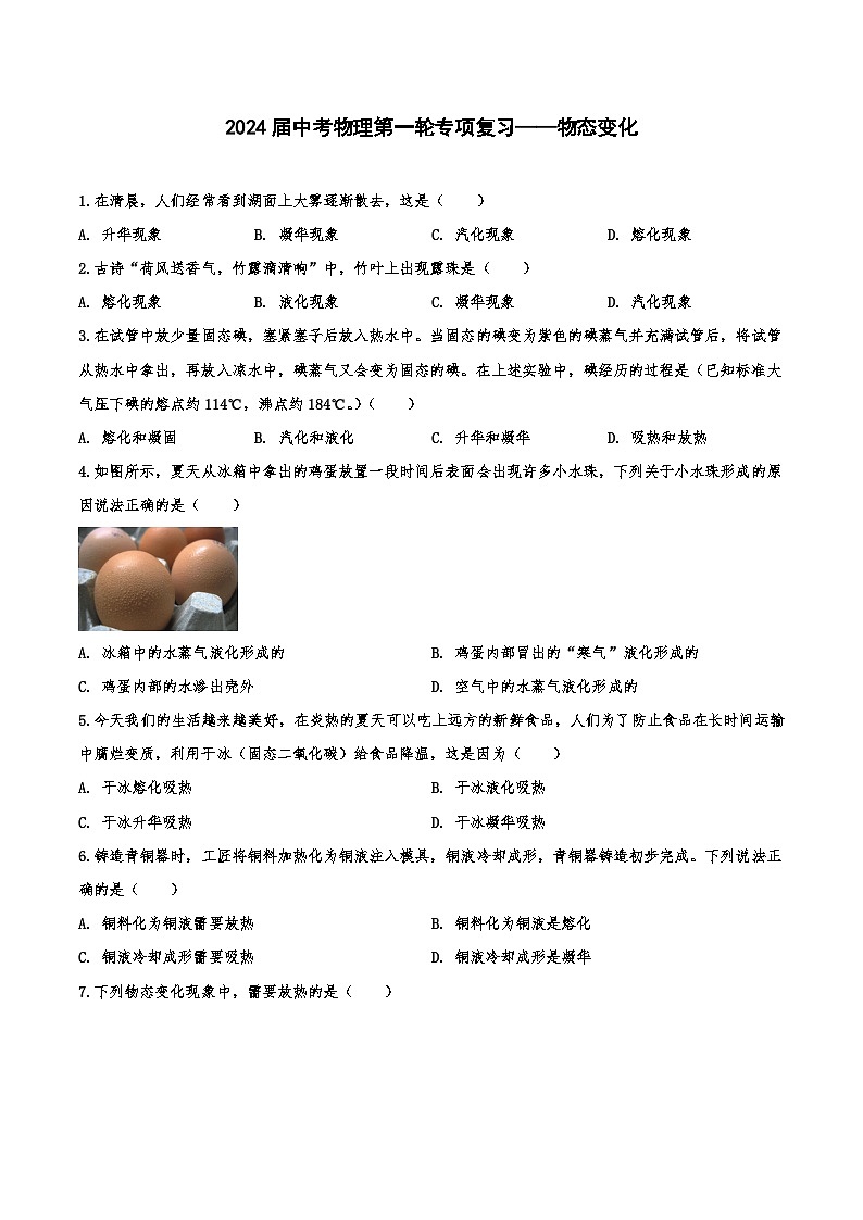 2024届中考物理第一轮专项复习——物态变化（含解析）第1页