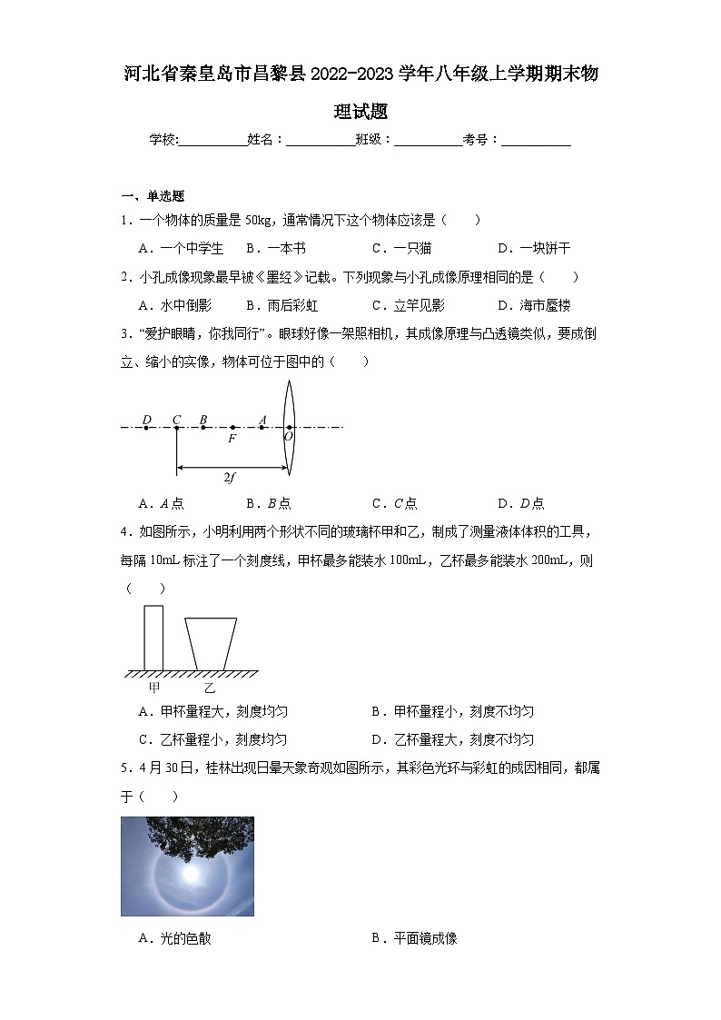 河北省秦皇岛市昌黎县2022-2023学年八年级上学期期末物理试题第1页
