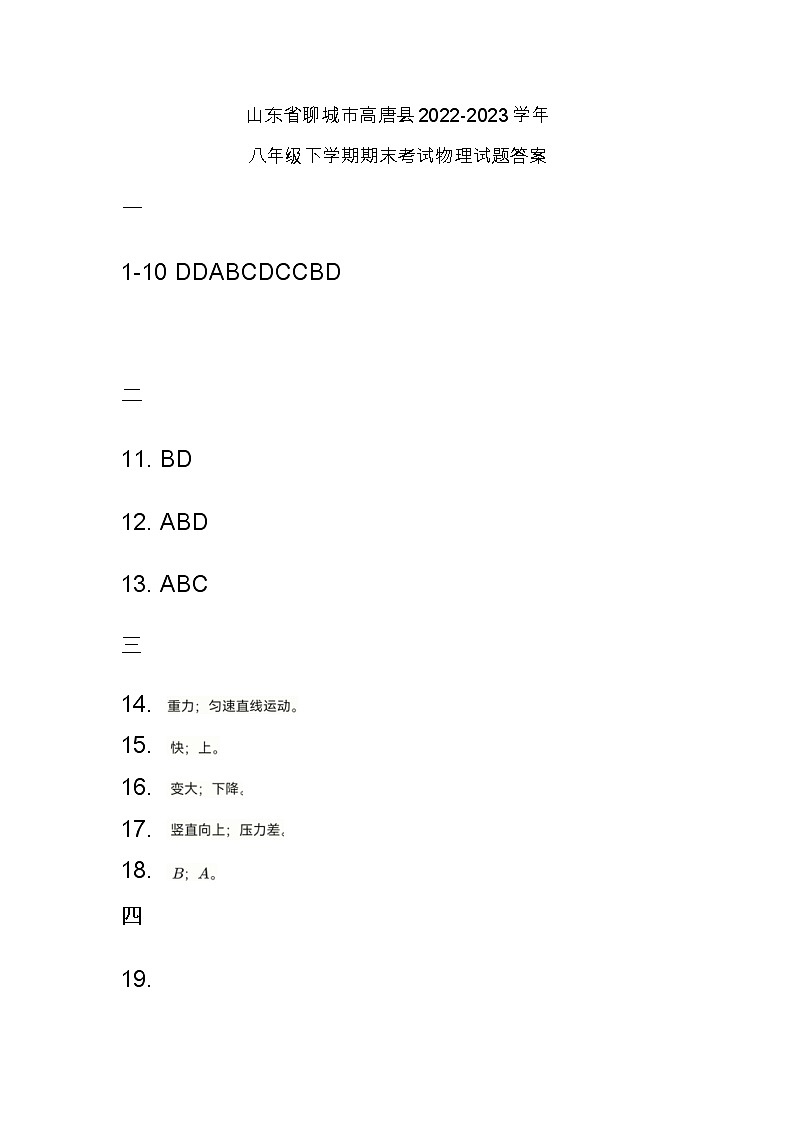 山东省聊城市高唐县2022-2023学年八年级下学期期末考试物理试题（图片版含答案）01
