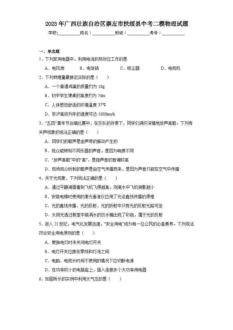 2023年广西壮族自治区崇左市扶绥县中考二模物理试题（含解析）01