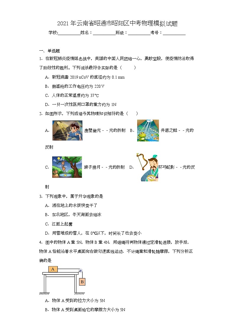 2021年云南省昭通市昭阳区中考物理模拟试题（含解析）01