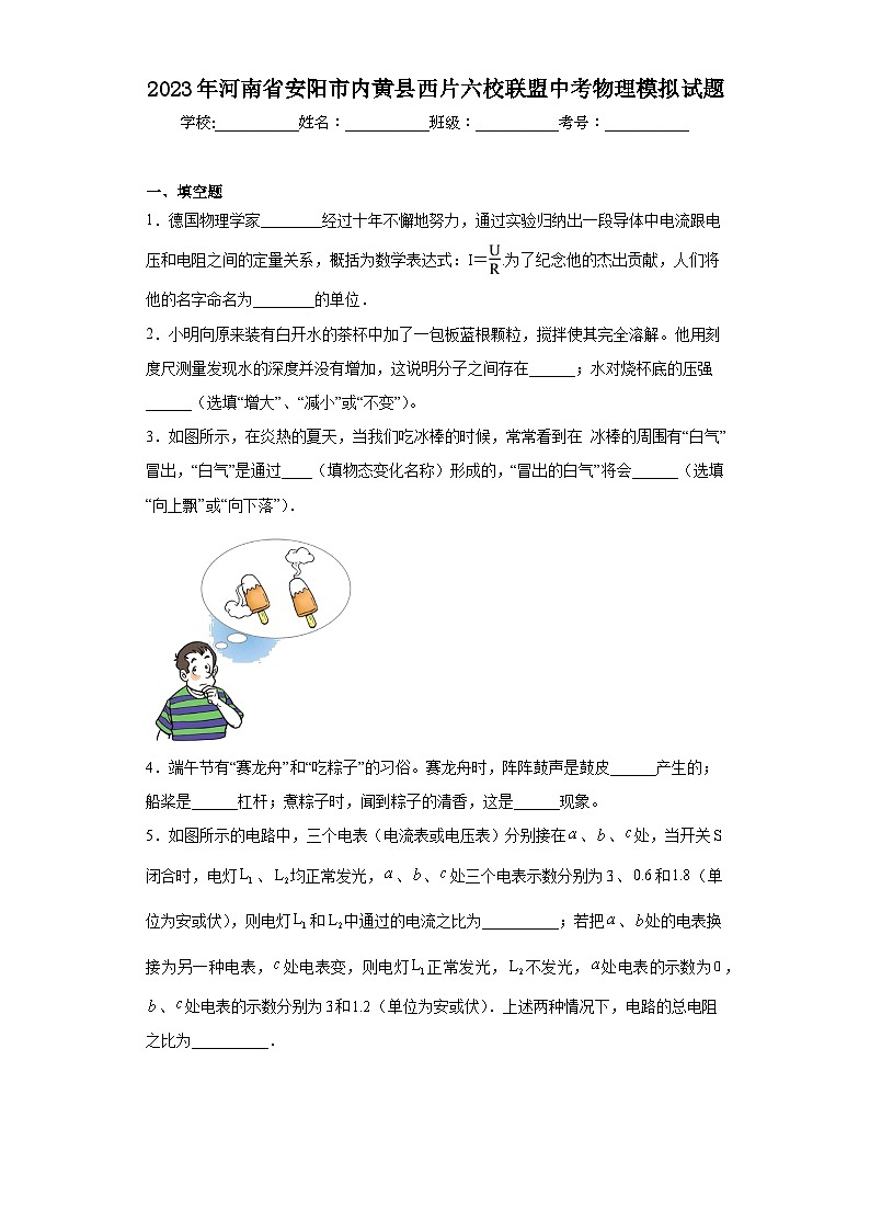 2023年河南省安阳市内黄县西片六校联盟中考物理模拟试题（含解析）01