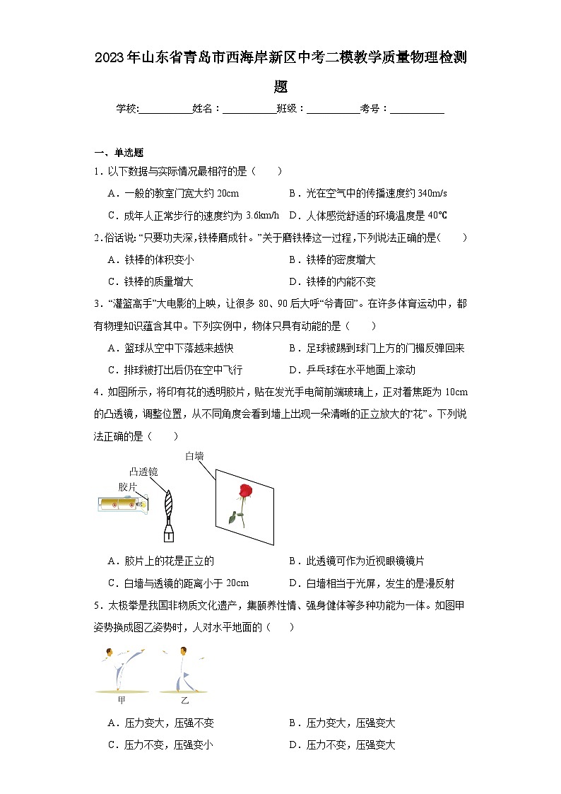 2023年山东省青岛市西海岸新区中考二模教学质量物理检测题（含解析）01