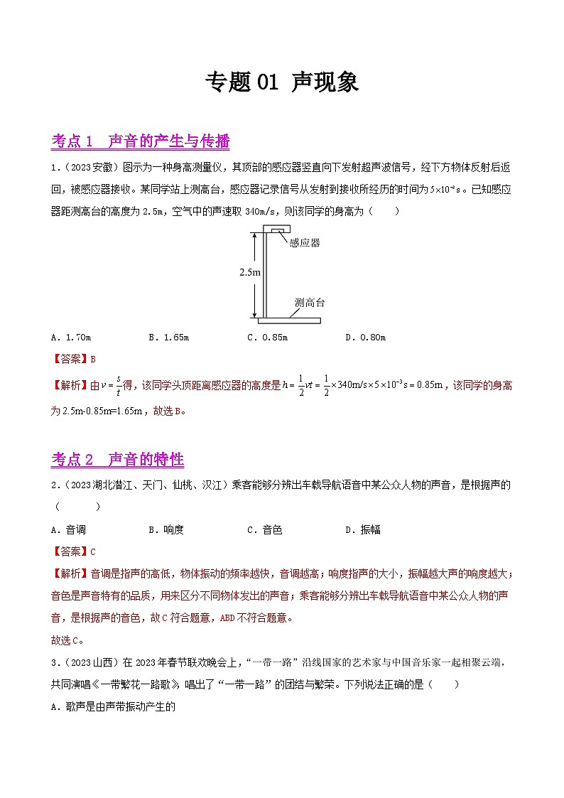 2023年中考物理真题分类汇编——专题01 声现象（全国通用）01
