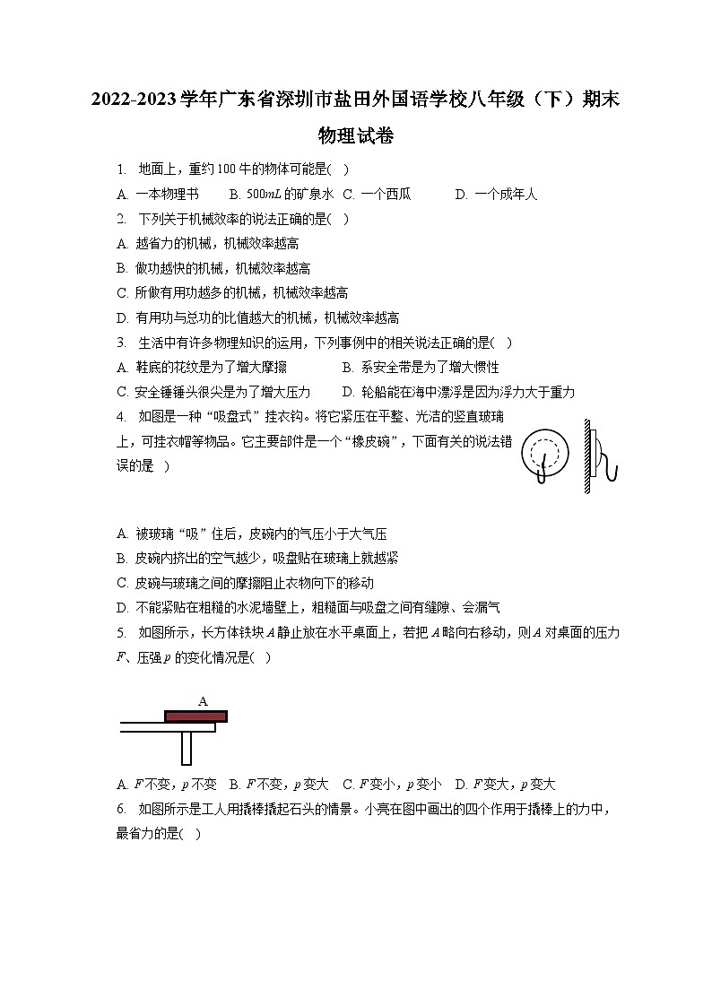 广东省深圳市盐田外国语学校2022-2023学年八年级下学期期末物理试卷（含答案）01