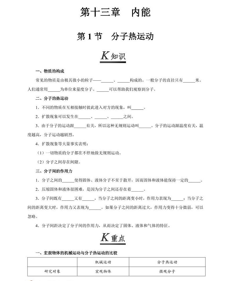 【精品同步练习】初三物理全套专题第十三章内能第1 节分子热运动（知识梳理+无答案）01
