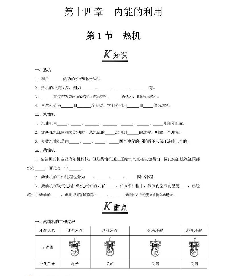 【精品同步练习】初三物理全套专题第十四章内能的利用第一节热机（知识梳理+无答案）01