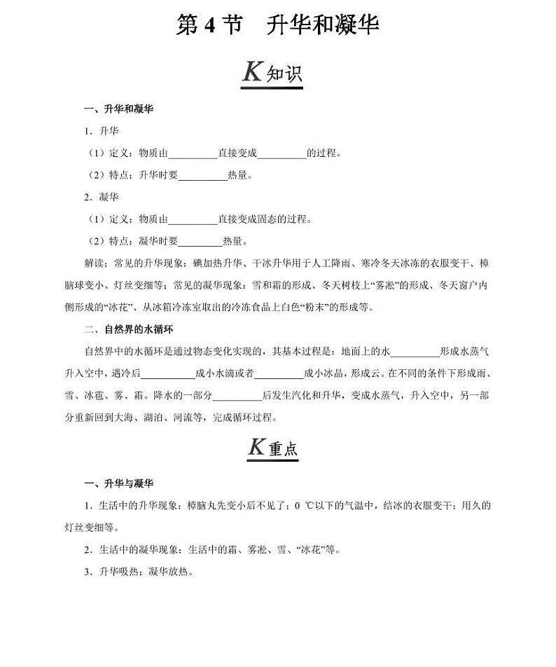 【精品同步】人教版初二上册物理第3章第4节升华和凝华（知识梳理+无答案）01