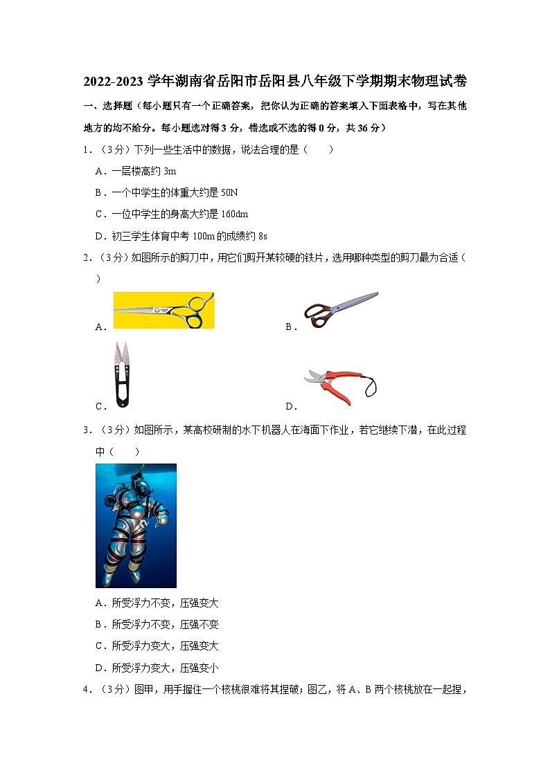 2022-2023学年湖南省岳阳市岳阳县八年级下学期期末物理试卷（含解析）01