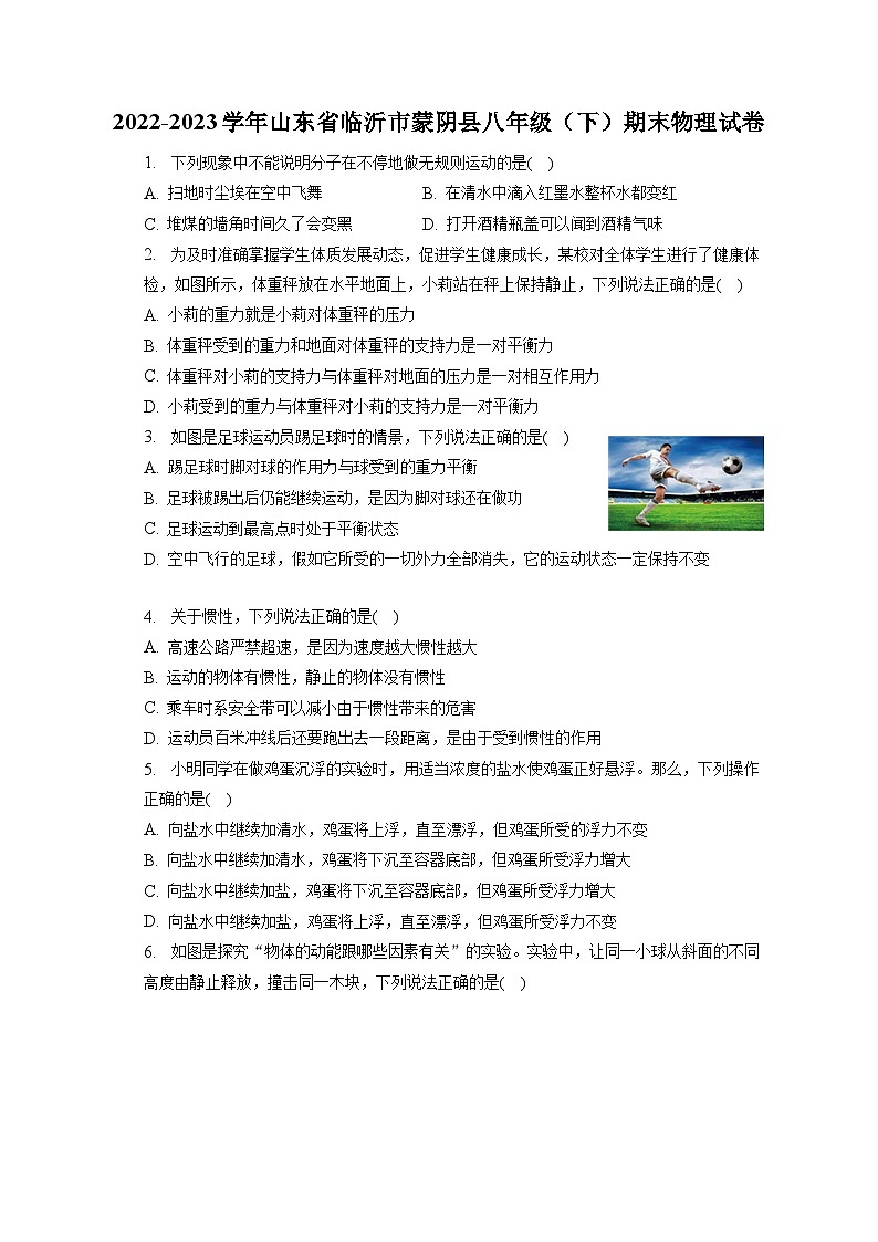 山东省临沂市蒙阴县2022-2023学年八年级下学期期末物理试卷（含答案）01
