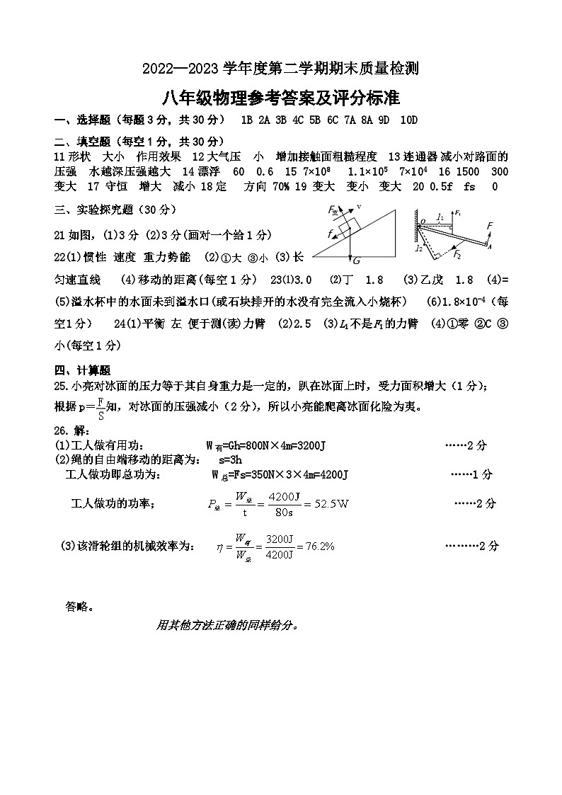 河北省秦皇岛市卢龙县2022-2023学年八年级下学期期末考试物理试题（含答案）01