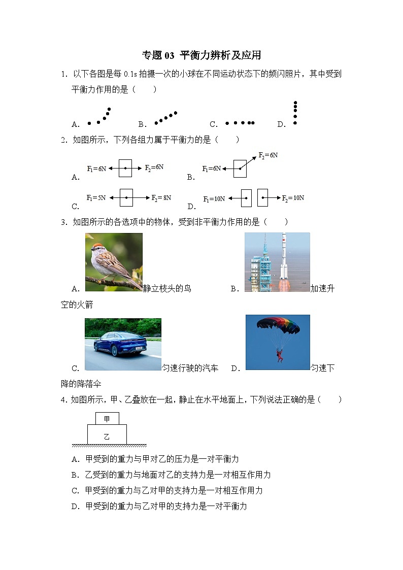 八年级物理暑期专题03 平衡力辨析及应用（原卷版）-2022-2023学年八年级物理下册学优生期末复习难点题型专项突破（人教版）第1页