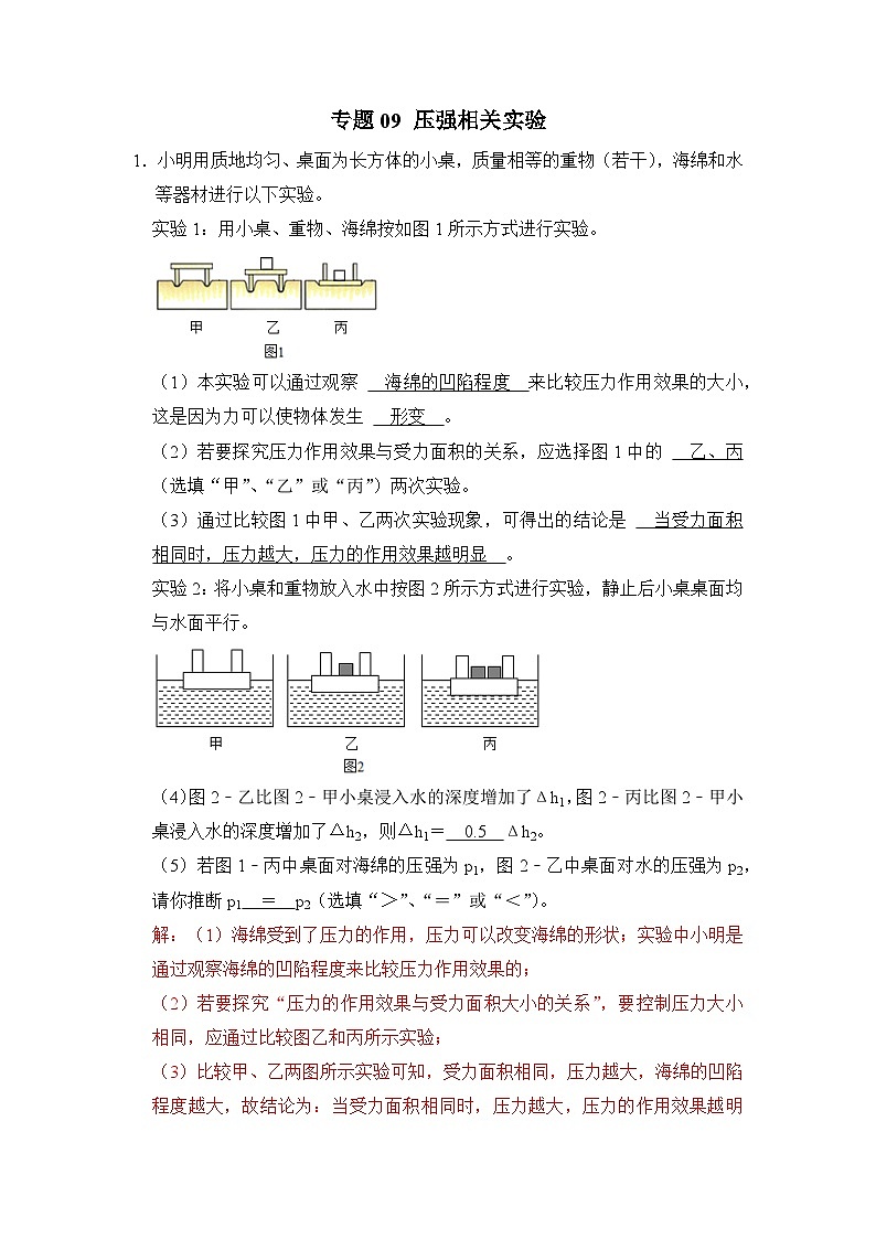 八年级物理暑期专题09 压强相关实验（解析版）-2022-2023学年八年级物理下册学优生期末复习难点题型专项突破（人教版）第1页