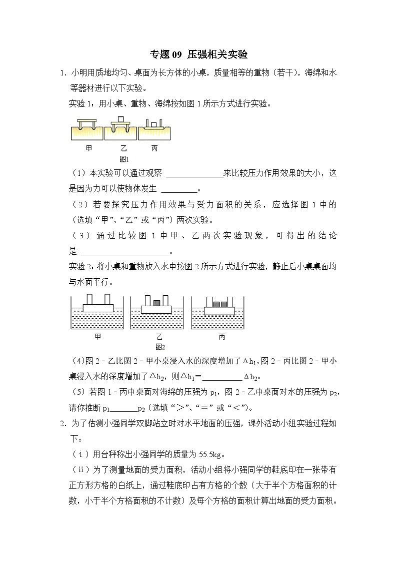 八年级物理暑期专题09 压强相关实验（原卷版）-2022-2023学年八年级物理下册学优生期末复习难点题型专项突破（人教版）第1页