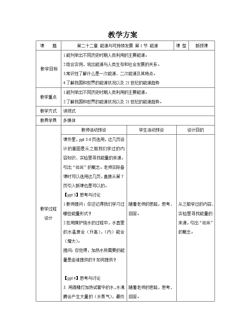 人教版物理九年级 第二十二章 能源与可持续发展 第1节 能源 精品教案01
