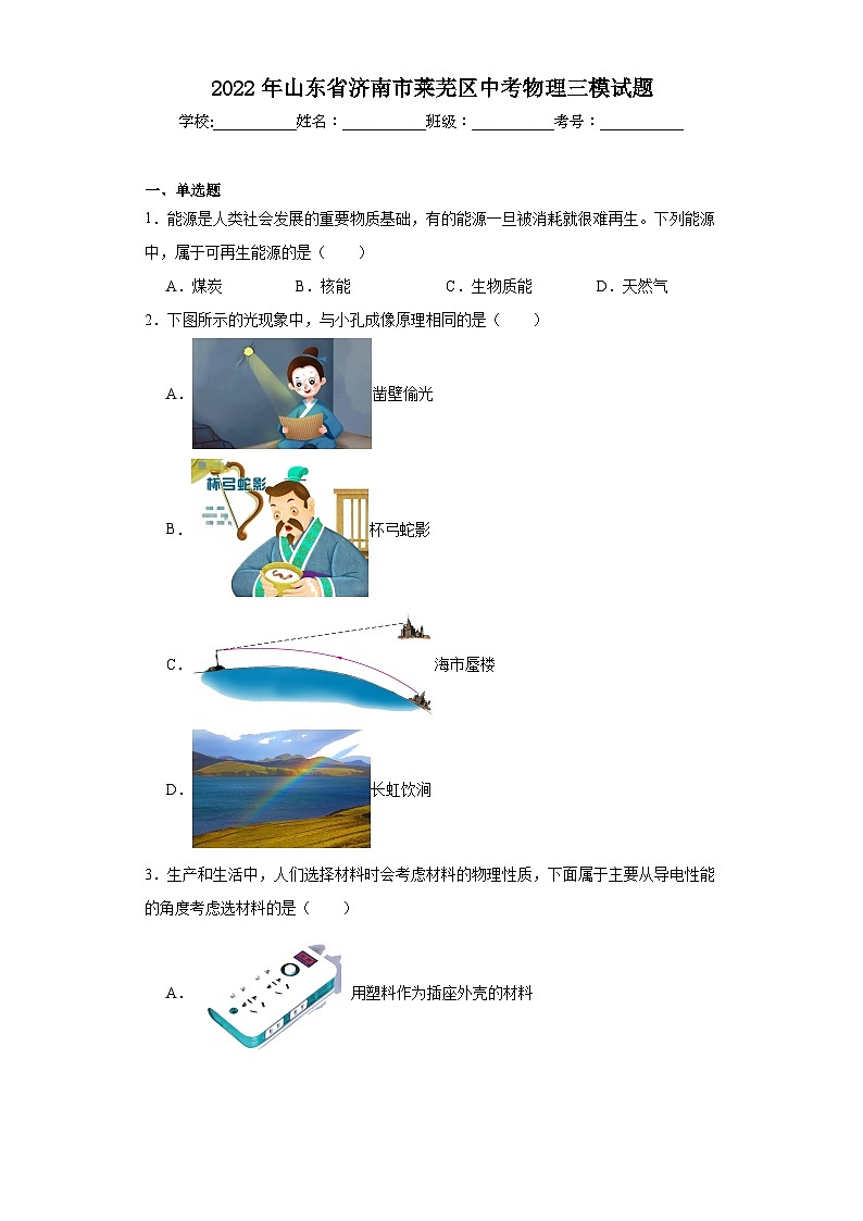 2022年山东省济南市莱芜区中考物理三模试题（含解析）第1页