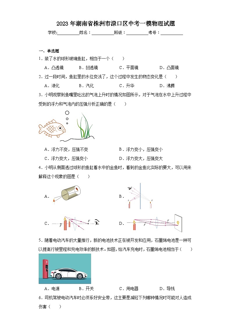 2023年湖南省株洲市渌口区中考一模物理试题（含解析）01