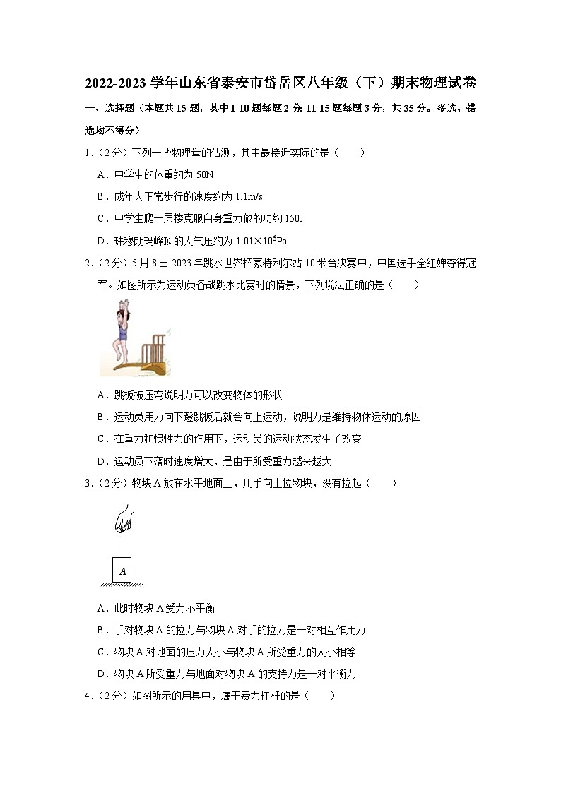 山东省泰安市岱岳区2022-2023学年八年级下学期7月期末物理试题（含答案）第1页