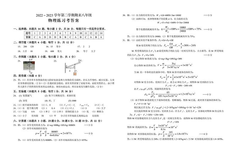22-23第二学期八年级物理期末参考答案第1页