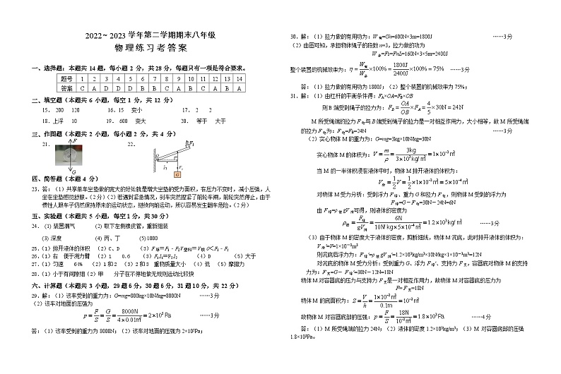 22-23第二学期八年级物理期末参考答案第1页