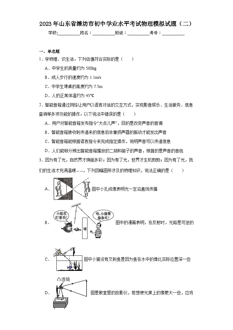 2023年山东省潍坊市初中学业水平考试物理模拟试题（二）（含解析）第1页