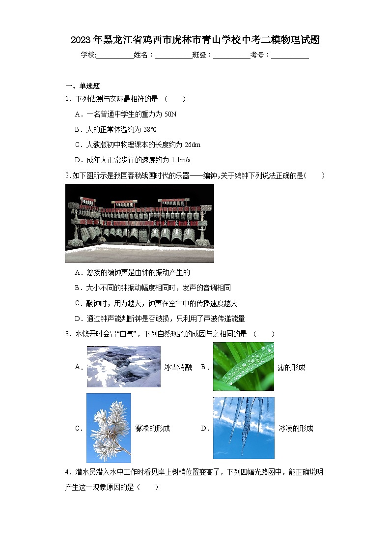 2023年黑龙江省鸡西市虎林市青山学校中考二模物理试题（含解析）01