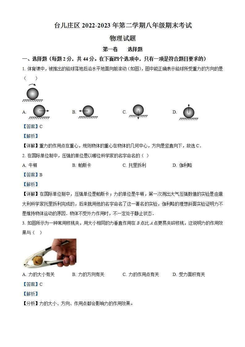 山东省枣庄市台儿庄区2022-2023学年八年级下学期期末考试物理试题（解析版）第1页