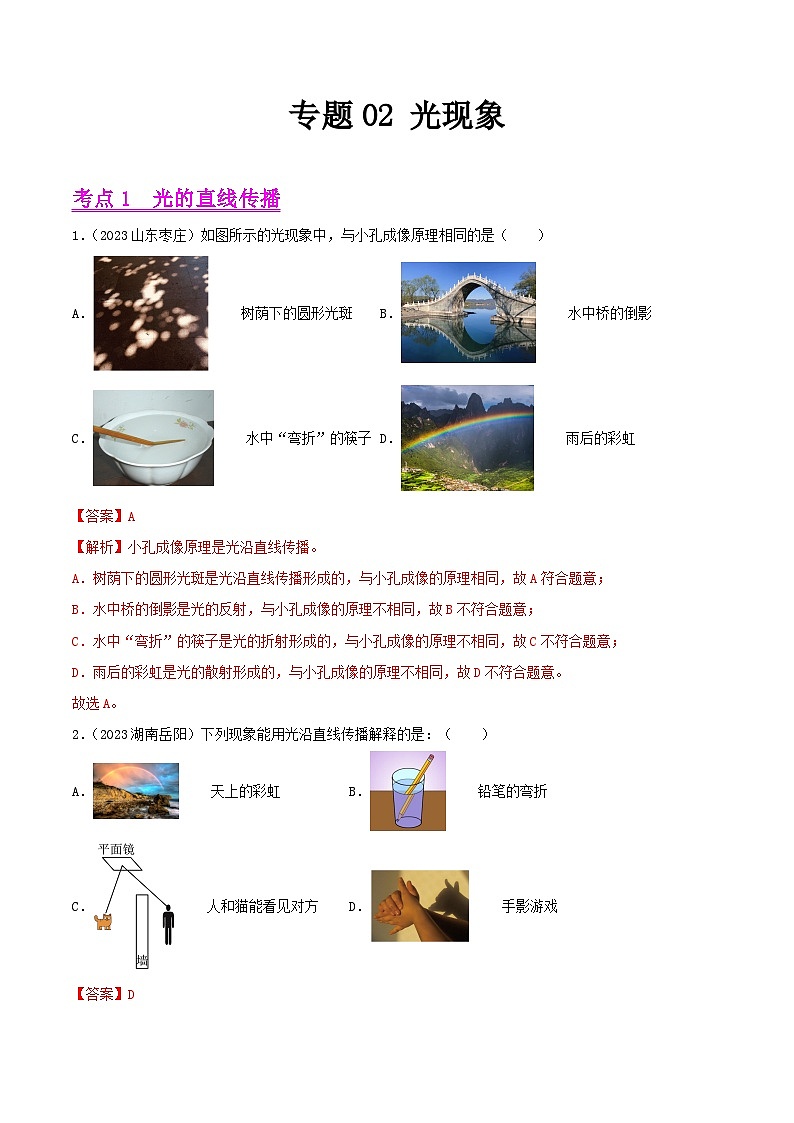 2023年中考物理真题分类汇编-专题02 光现象01