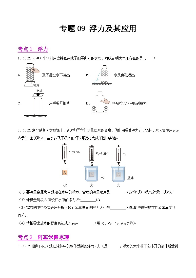 专题09 浮力及其应用-2023年中考物理真题分类汇编（全国版）（试卷）第1页