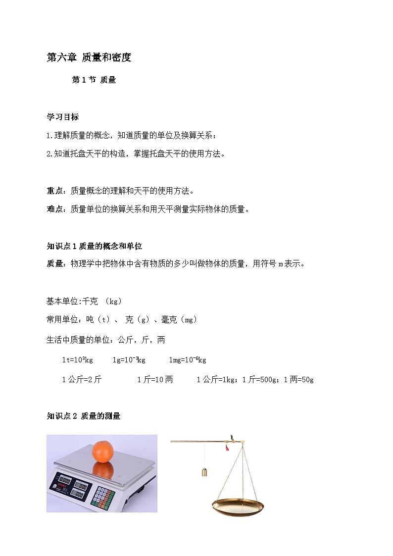 6.1质量-2023-2024学年八年级物理上册基础巩固拔高同步学案（人教版）01