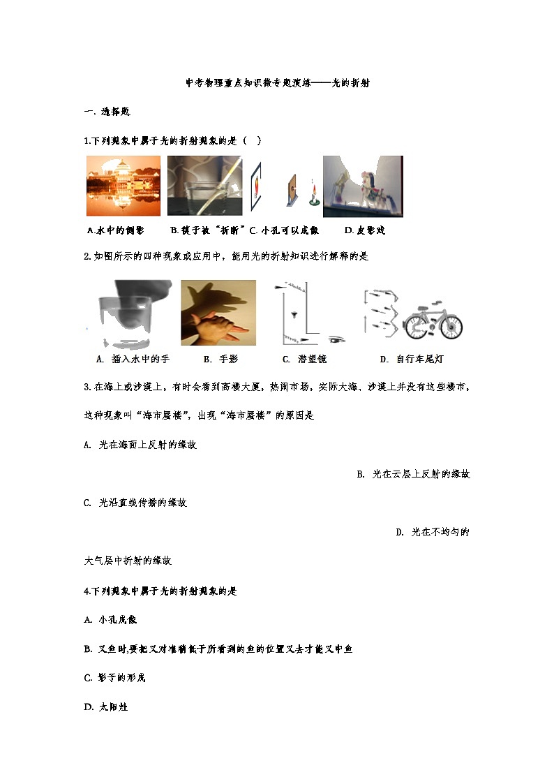 中考物理重点知识微专题演练——光的折射第1页