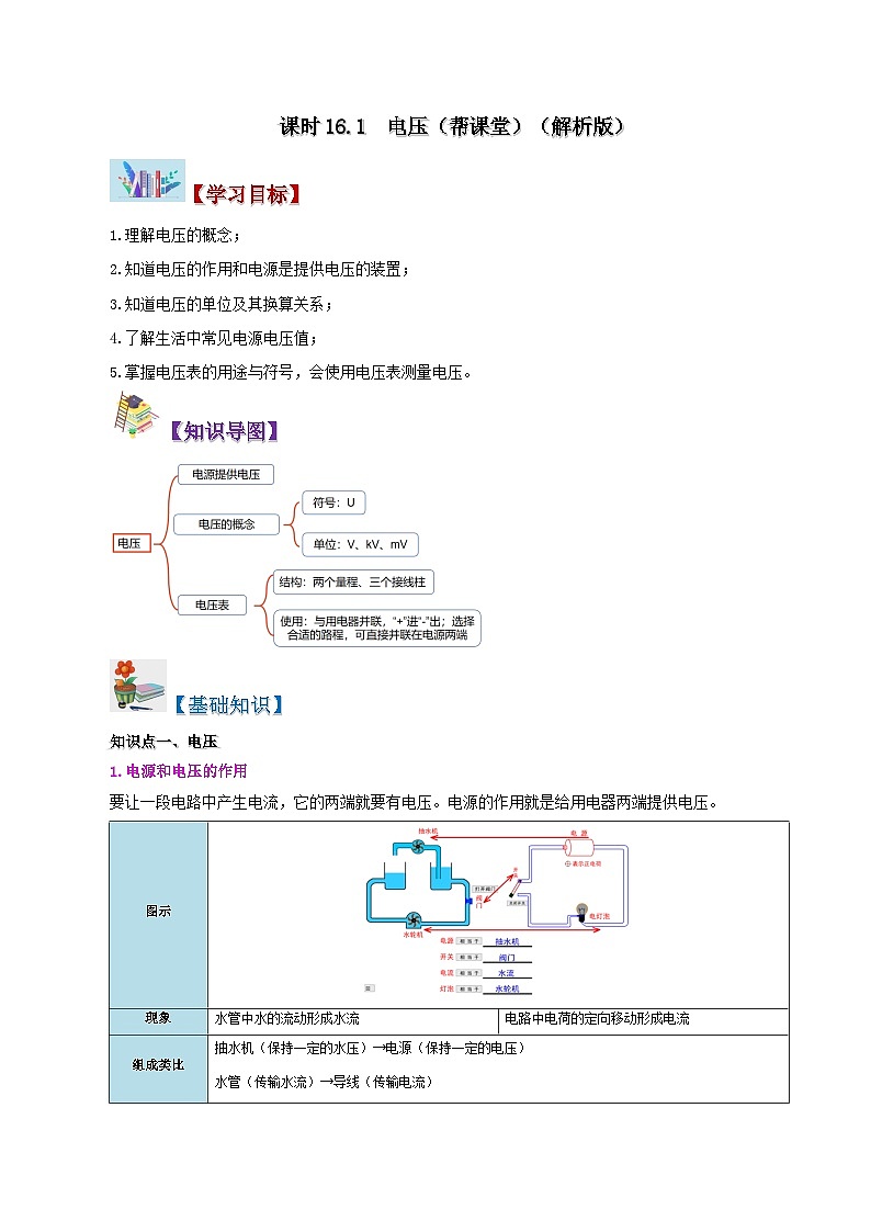 【同步讲义】人教版物理九年级全一册-课时16.1 电压 讲义01