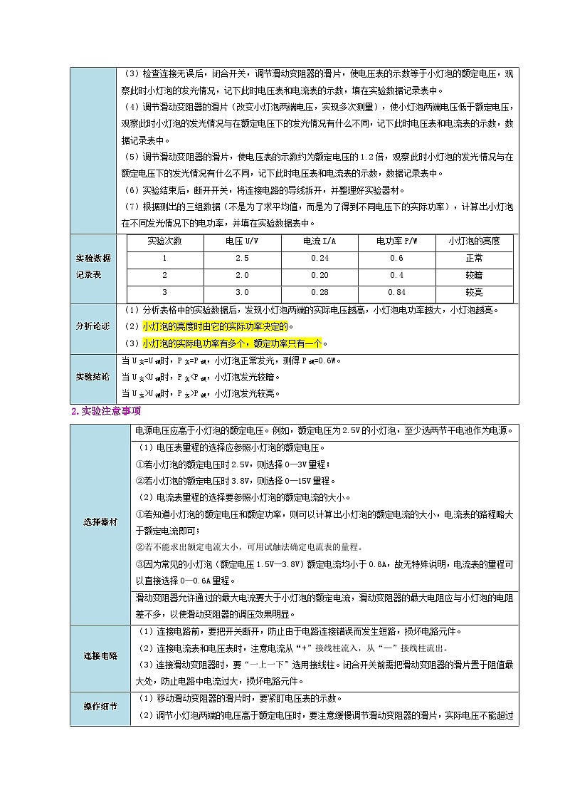 【同步讲义】人教版物理九年级全一册-课时18.3 测量小灯泡的电功率 讲义02