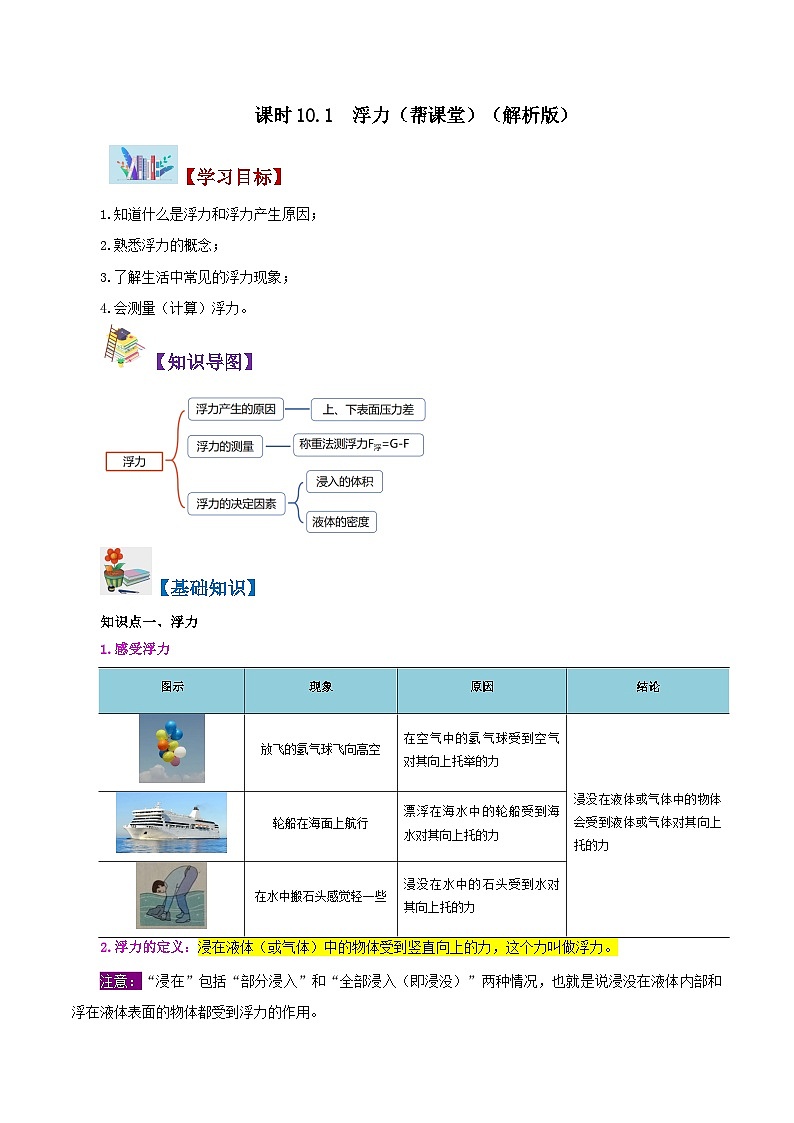 【同步讲义】人教版物理八年级下册-课时10.1 浮力 讲义01