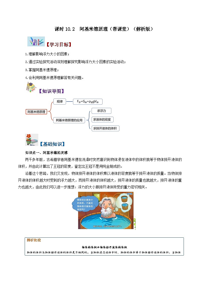 【同步讲义】人教版物理八年级下册-课时10.2 阿基米德原理 讲义（解析版）第1页