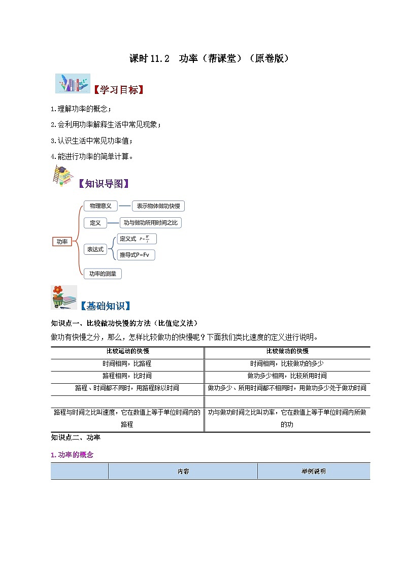 【同步讲义】人教版物理八年级下册-课时11.2 功率 讲义（原卷版）第1页
