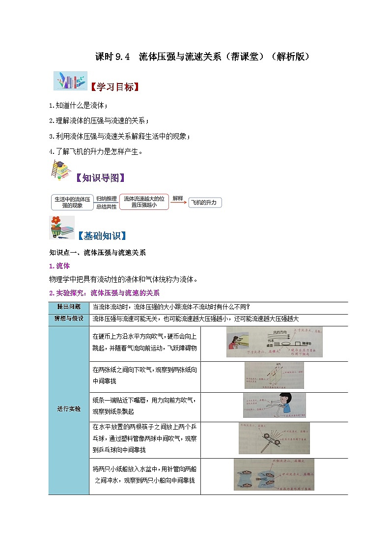 【同步讲义】人教版物理八年级下册-课时9.4 流体压强与流速关系 讲义（解析版）第1页