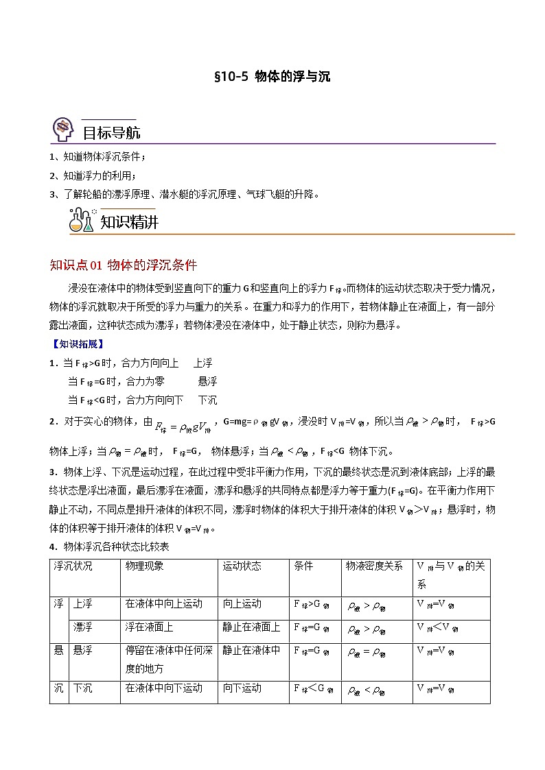 【同步讲义】苏科版物理八年级下册--10.5  物体的浮与沉 讲义01