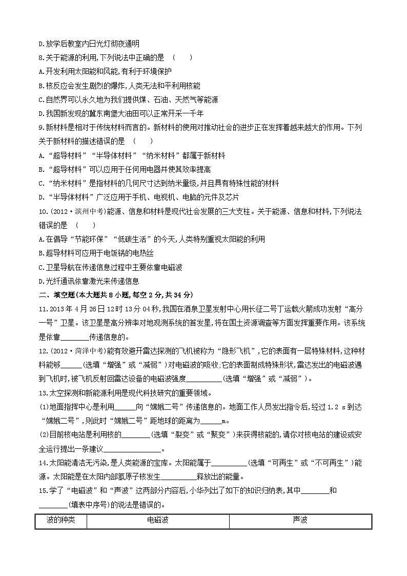 2023九年级物理全册第二十章能源材料与社会测试题新版沪科版02
